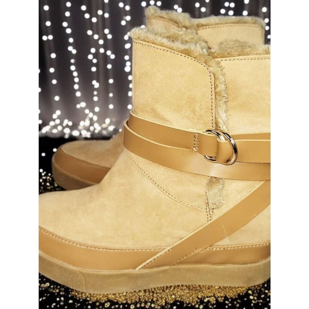Divided Tan Faux Suede strappy Fur Lined ankle Boots